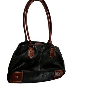 Fossil Vintage Black Leather Shoulder Bag Brown Trim Classic Style